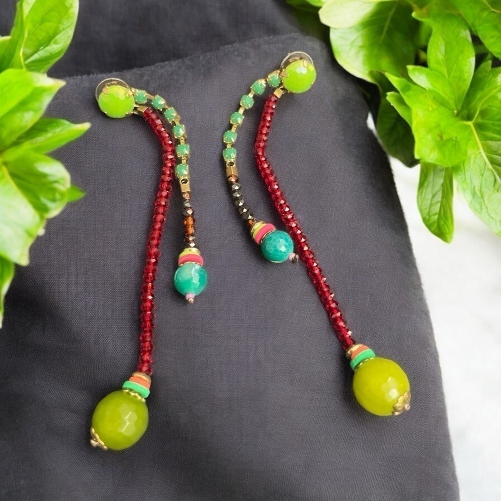 Natural Green Aventurine Beaded Gold plated earrings w/ Red diamond cut crystals